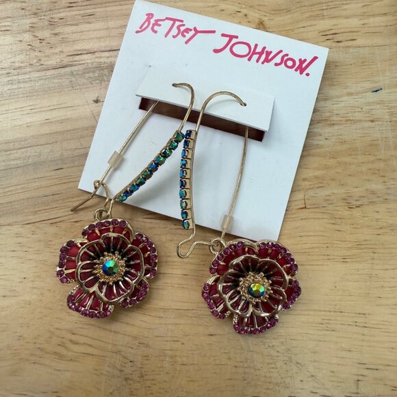 Betsey Johnson Pink & Gold Floral Drop Earrings Rhinestone, Garden Girl, Whimsy, - Picture 9 of 9